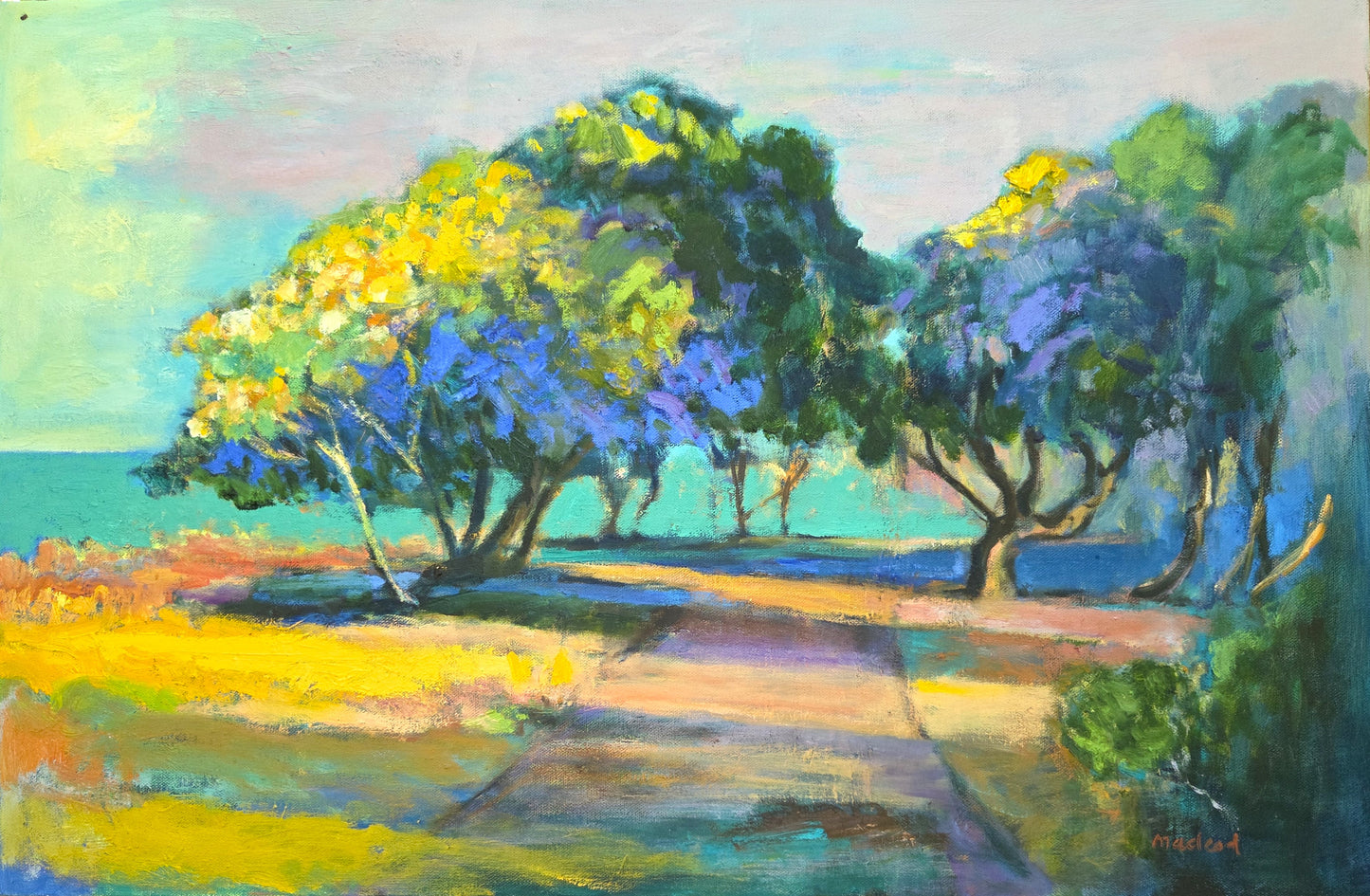 Oil painting of Australian coastal landscape; trees along a path with aquamarine sea in the background, purples, blues, yellows, greens.