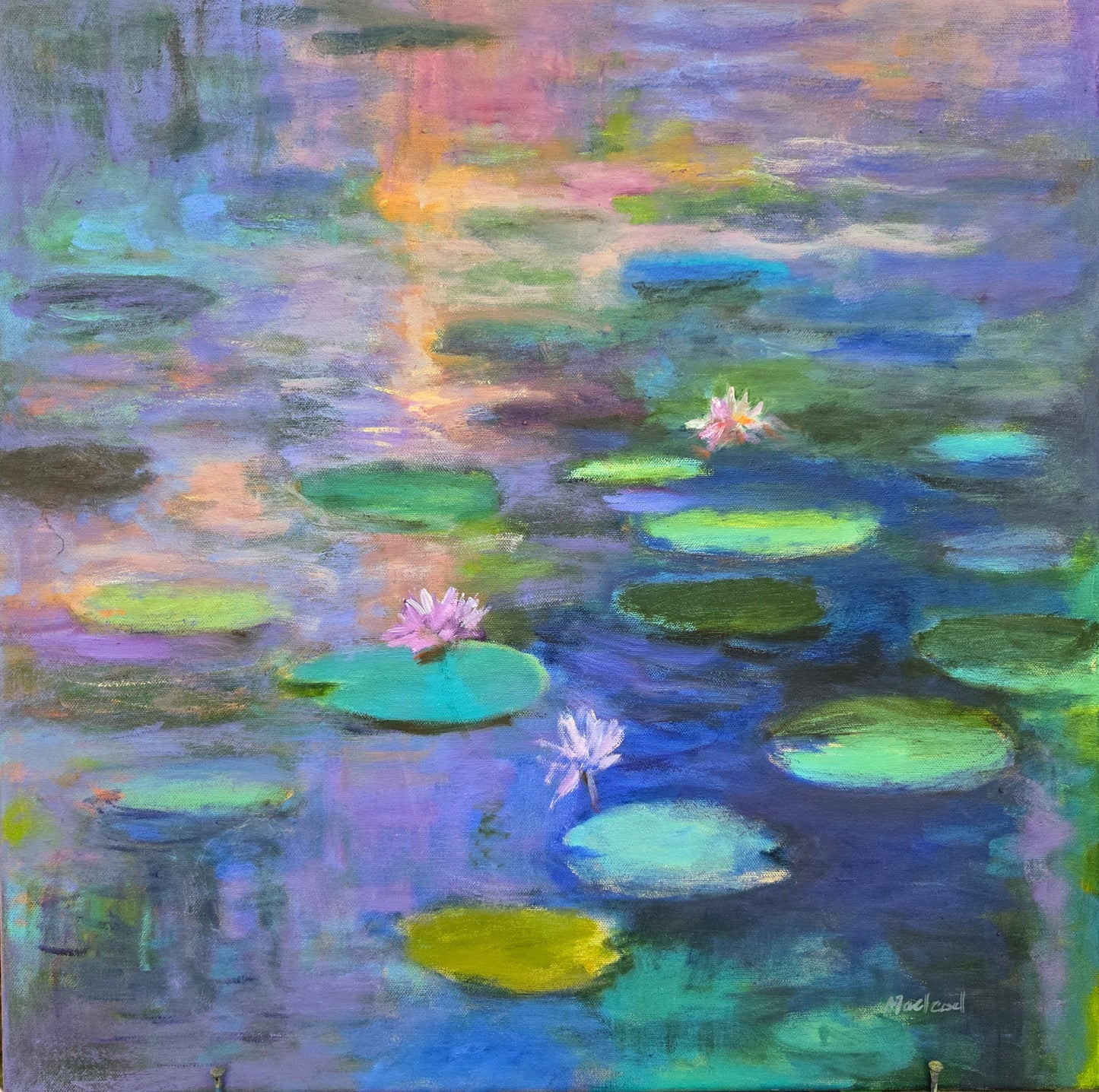 Painting of water lilies on a pond with a colorful reflection.