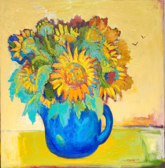 Blue Jug with Giant Sunflowers