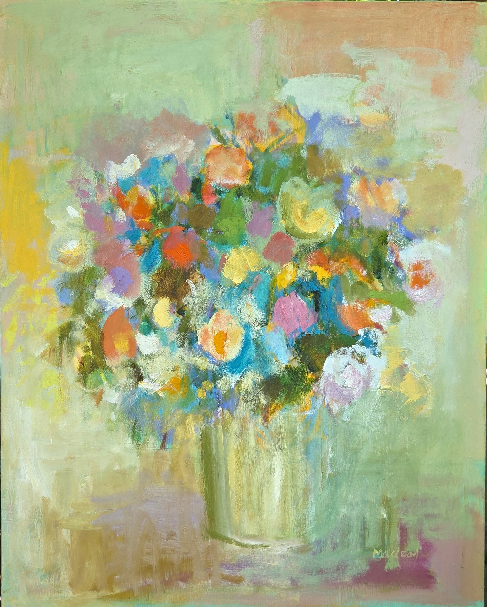 Colourful  oil painting of a bouquet of flowers in a vase on a light green background