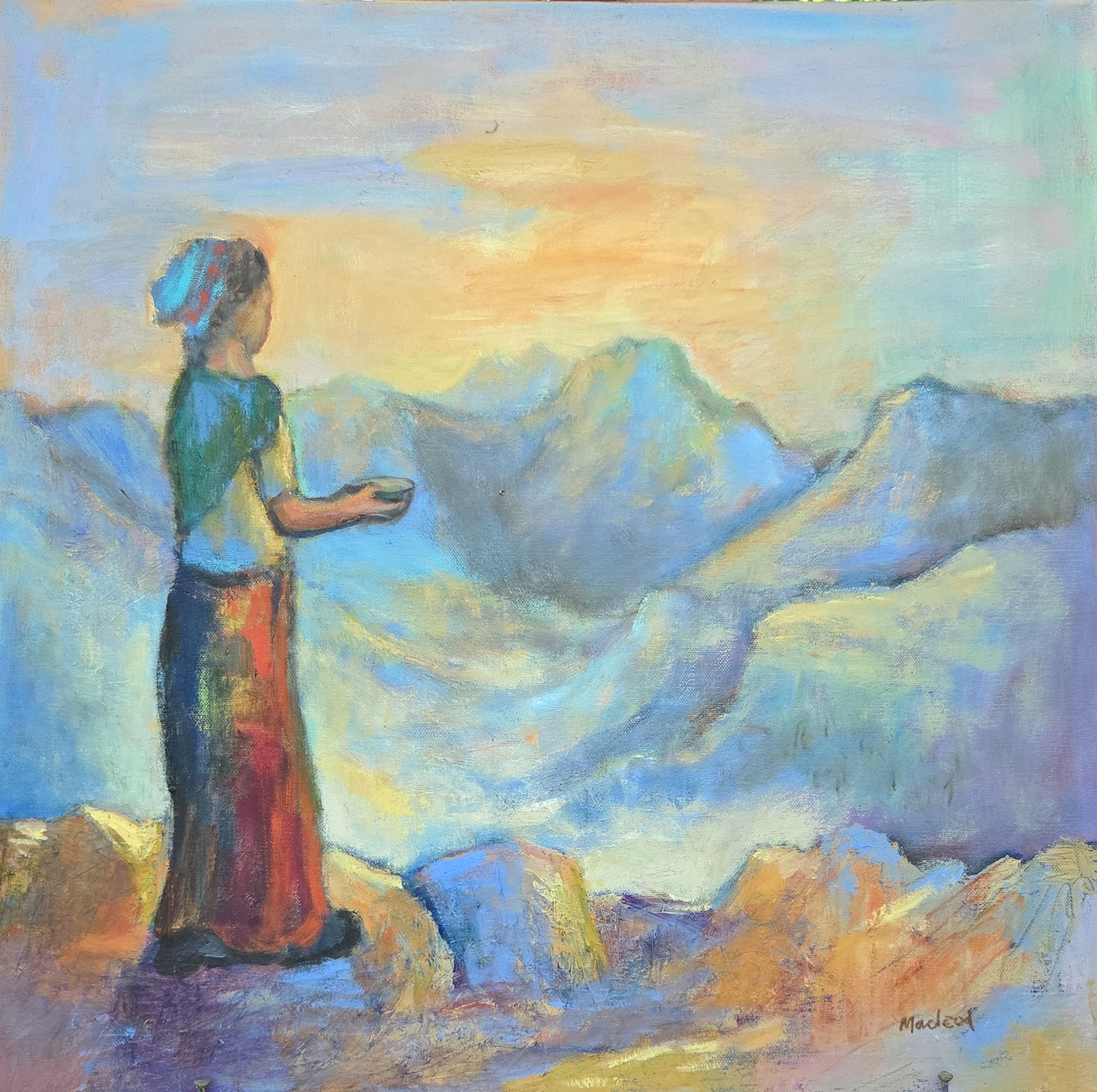 Oil painting of a woman  on  a mountaintop landscape with a colourful sky.