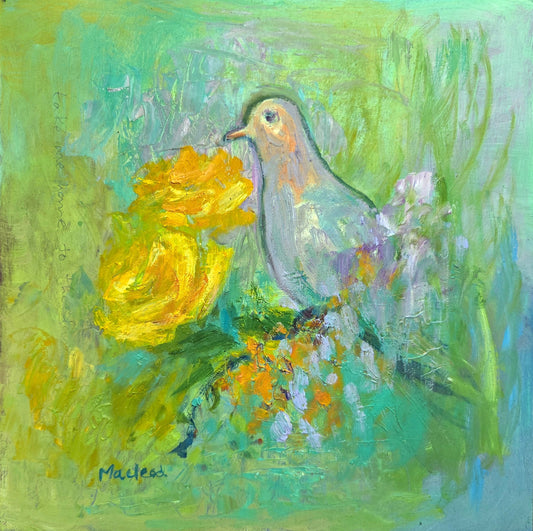 Oil painting of dove nestled by two yellow roses an green and aqua background with dashes of lilac.