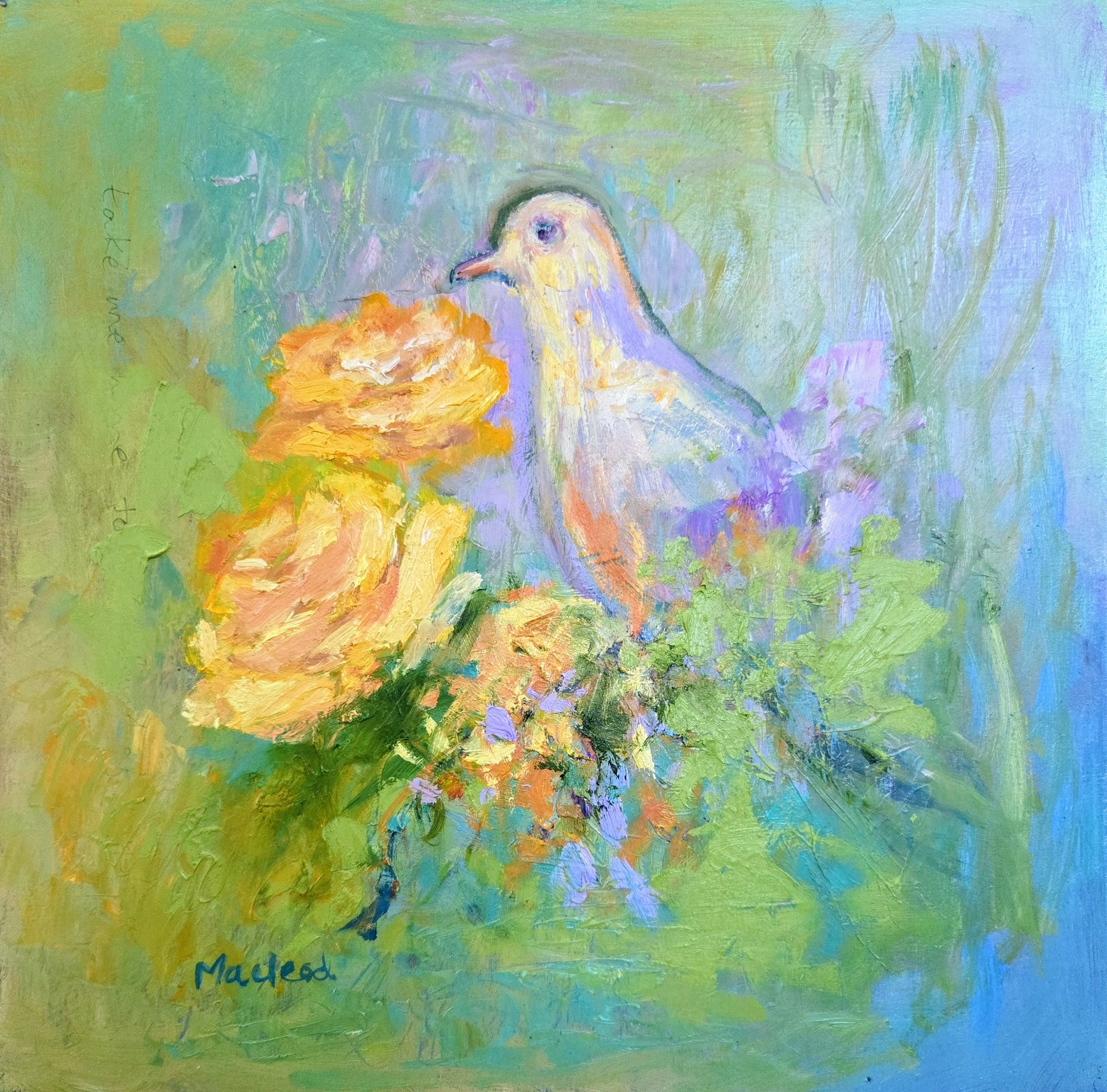 Oil painting of a dove with two yellow roses on a green and blue colourful background.