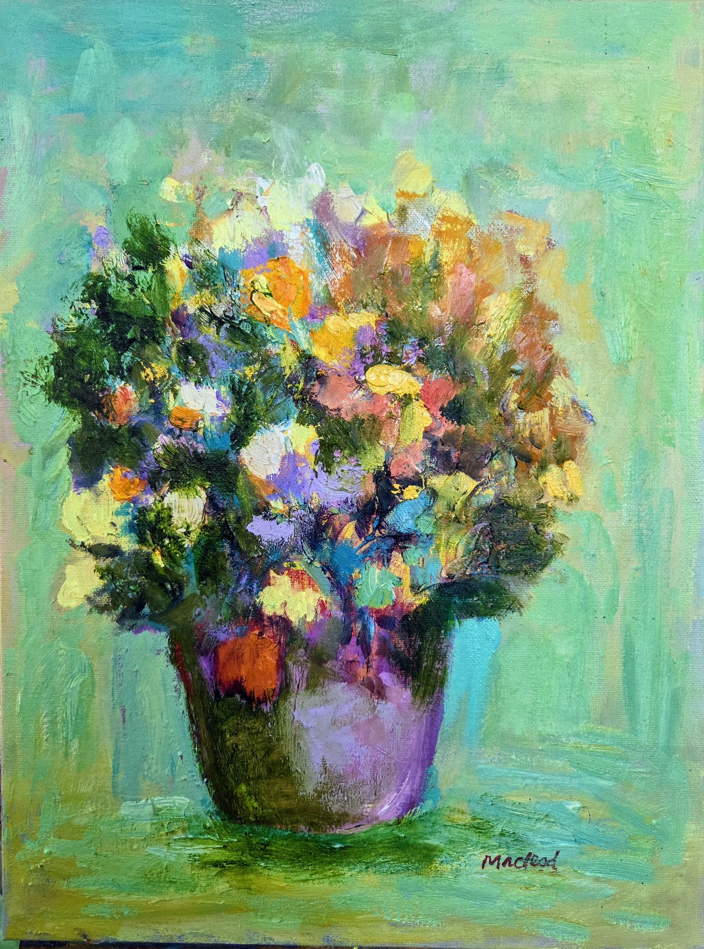Oil painting of a colourful bouquet of flowers in a vase on a green background