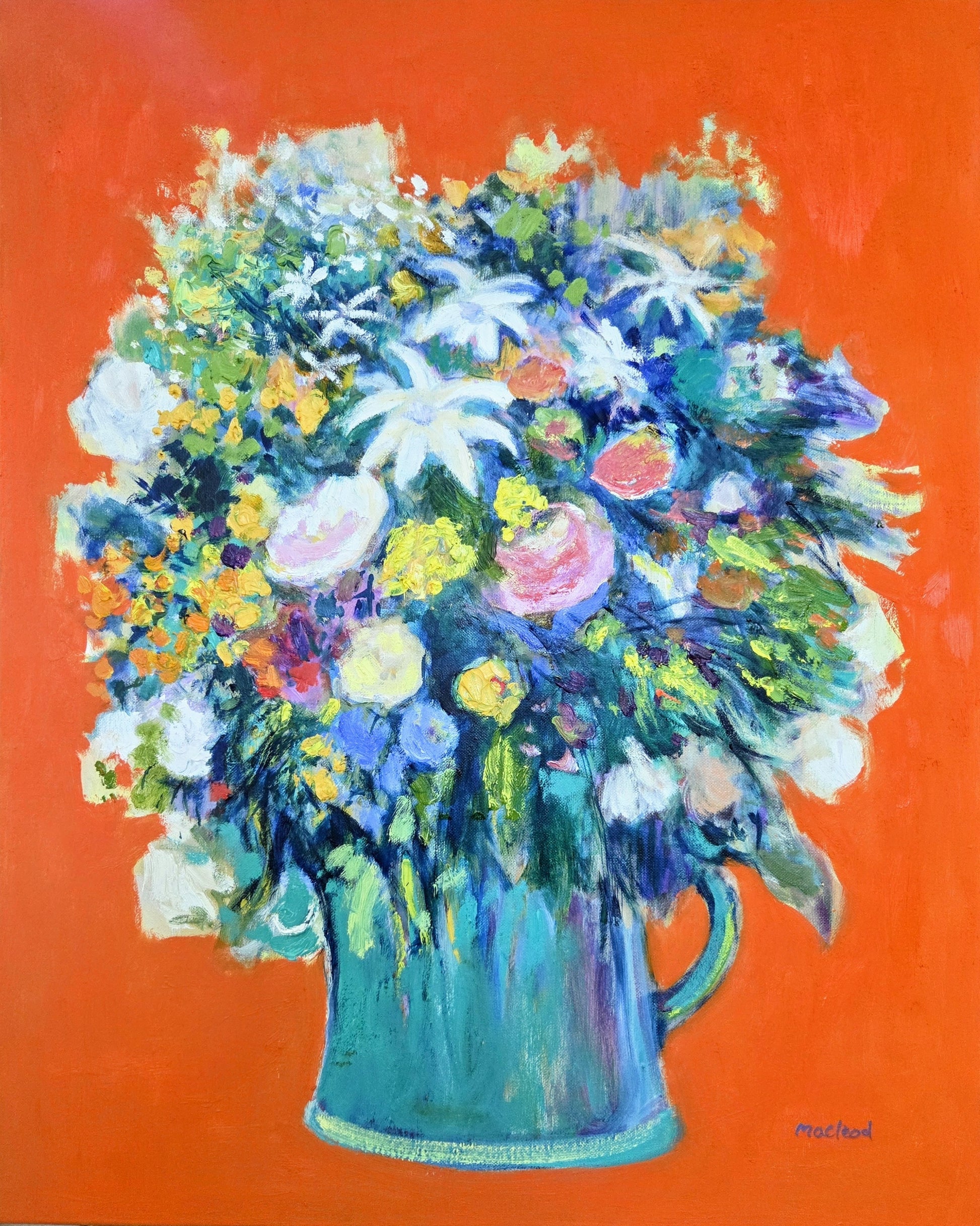 Oil pianting  of a colourful bouquet of flowers in a green vase on a cadmium orange background
